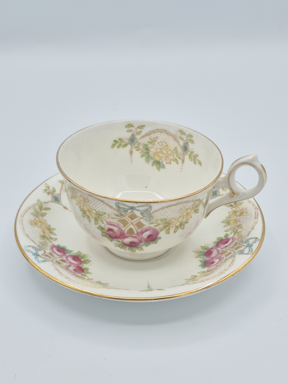 Antique Radfords Handpainted Teacup and Saucer with Pink Roses and Gold Trim